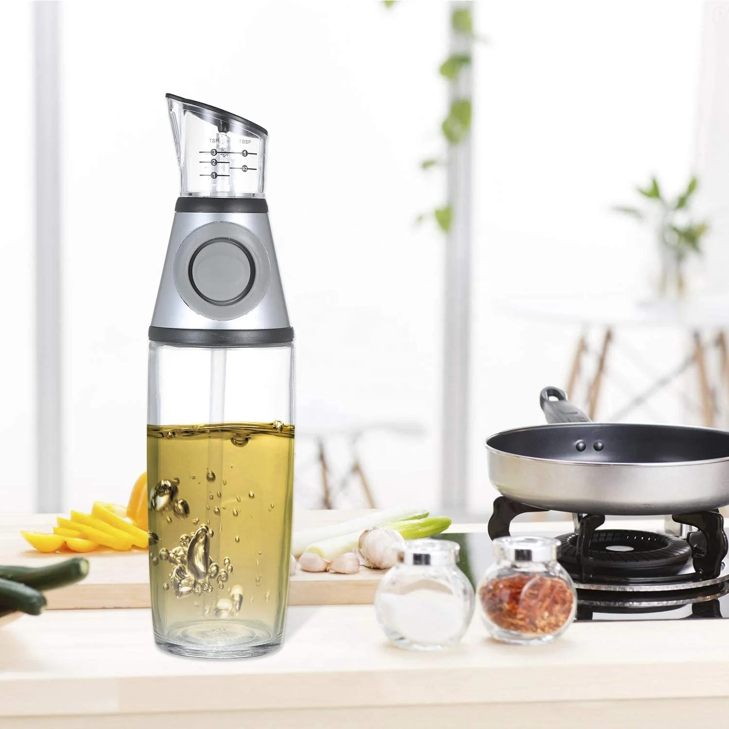 Olive Oil Dispenser Bottle For Kitchen, Oil and Vinegar Cruet Dispenser with Measurements and Drip-Free Spout 500ml