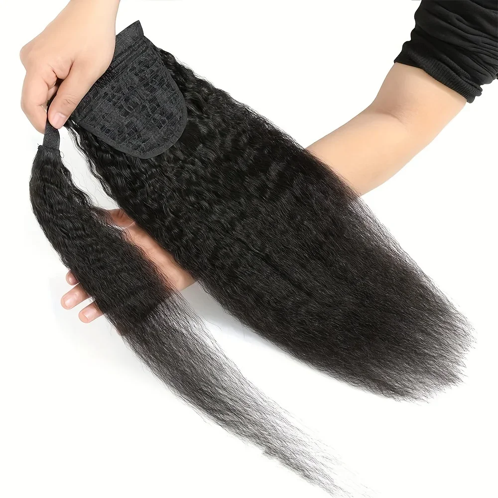 Kinky Straight Ponytail Human Hair Yaki Straight Ponytail Extension For Women 10-30In Magic Paste Wrap Around Ponytail Hair