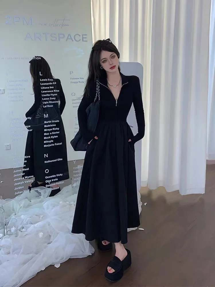Black Slim evening and wedding dresses Knitted Dress Woman clothes and Swing  Dress V-Neck Casual clothing