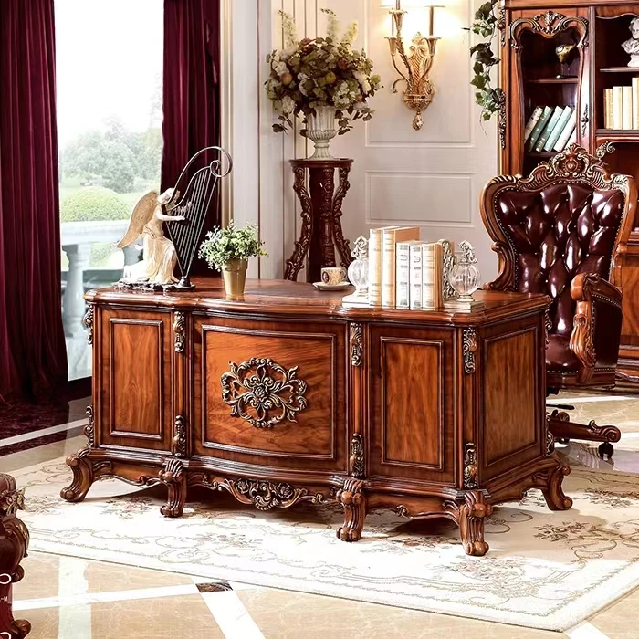 Popular carved office desk retro classical carved wood gold carving desk with wooden bookcase bookshelf