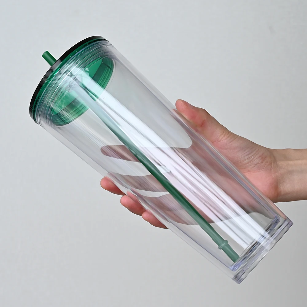 Wholesale double walled wine coffee 22oz 24oz 16oz clear plastic skinny snowglobe tumbler with lids and straws