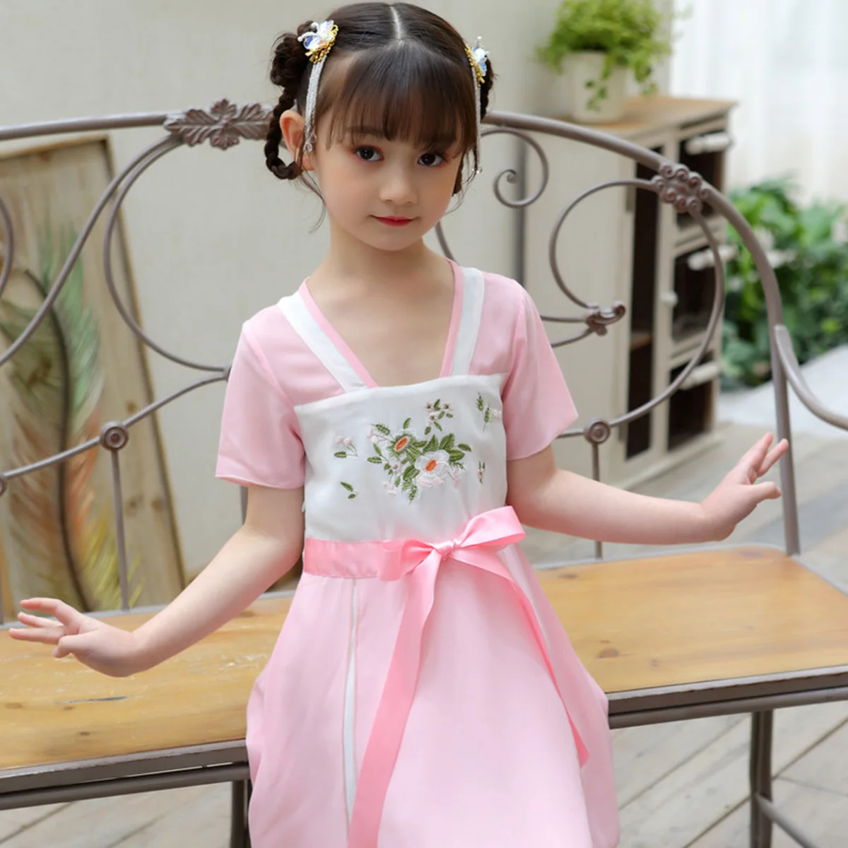 
Spring summer ancient costume flowers chinese dress girl traditional blue and pink hanfu 