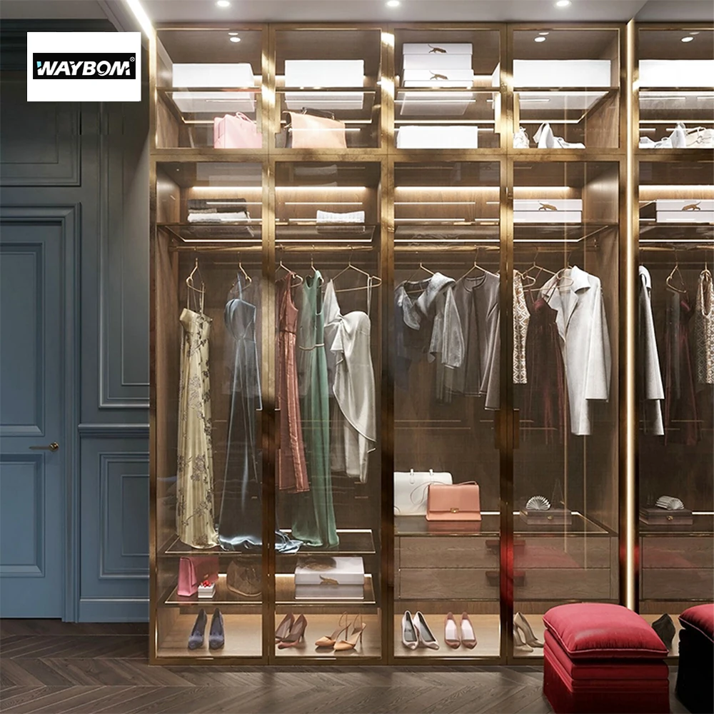 Wardrobes Closet Bedroom Modern Gold Black Aluminum Glass Wardrobe Silding Hinged Door