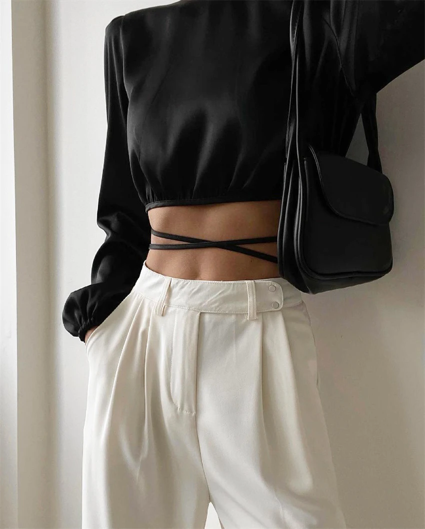 Sexy Backless Crop Top Lace Up Wrap Top Ladies Elegant Women Satin Shirt Silk O-Neck Blue Spring Summer Blouse