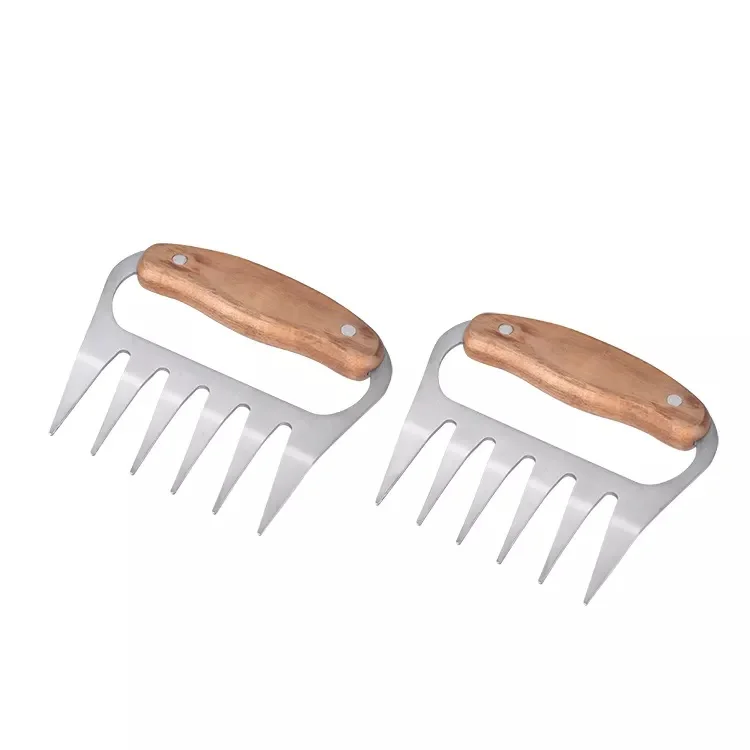 Barbecue Stainless Steel Claw Fork Chicken Bear Wood Meat Shredder Claws With Wooden Handling