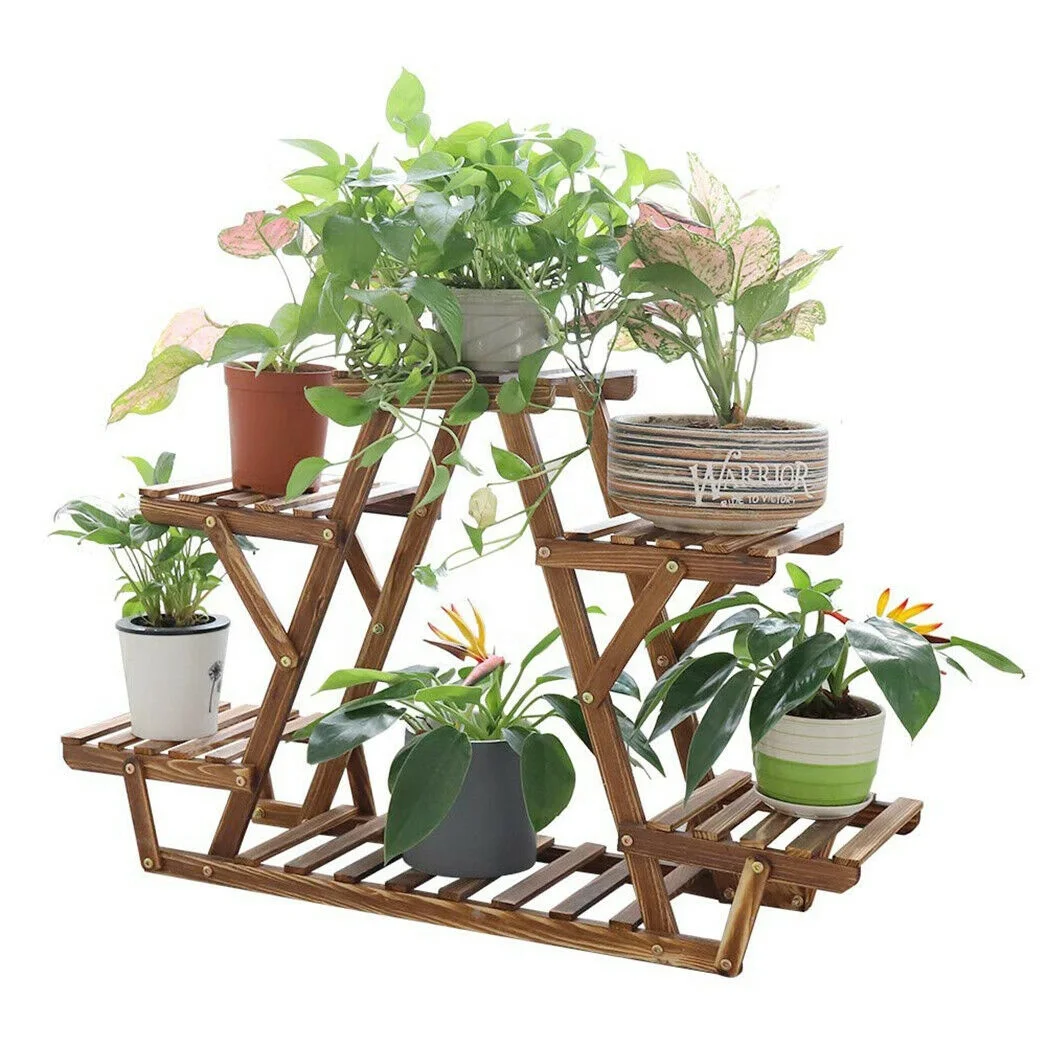 Wooden Plant Stand 6 Tier Bonsai Flower Display Shelf Carbonized Wood for Outdoor Plant Shelf