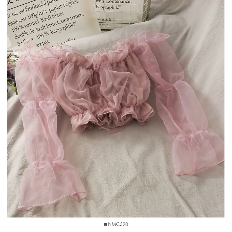 Ruffled Off Shoulder Organza Short Blouses Trendy Spring Summer Sexy Solid Color Long Puff Sleeves Slim Cropped Tops T11415P