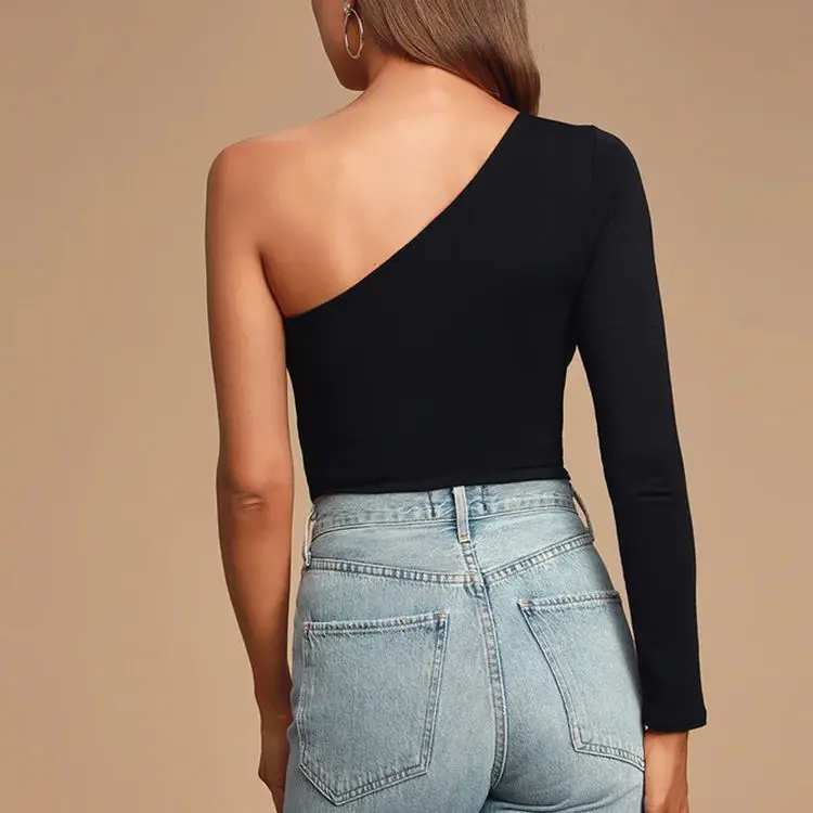 Women Customized Bamboo Viscose Long Sleeve One Shoulder Black Knit Cropped Top Shirt Made From Cozy Sustainable Bamboo Fabrics