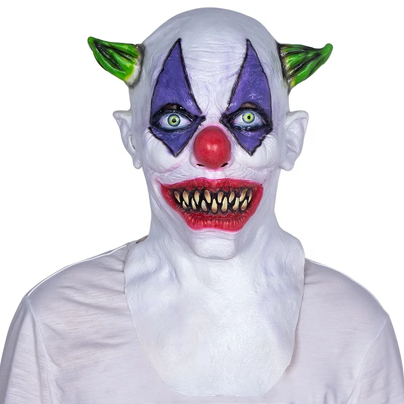 Evil Joker Mask Halloween Carnival Party Horror Killer Clown Latex Masks Creepy Green Horned Clown Mask Head Cover Holiday Gift