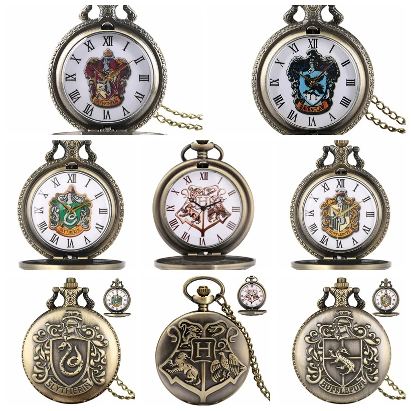 Magic School Themed Vintage Accessories Bronze Steampunk Necklace Quartz Pocket Watch With Chain for Party Decor Fans Gift