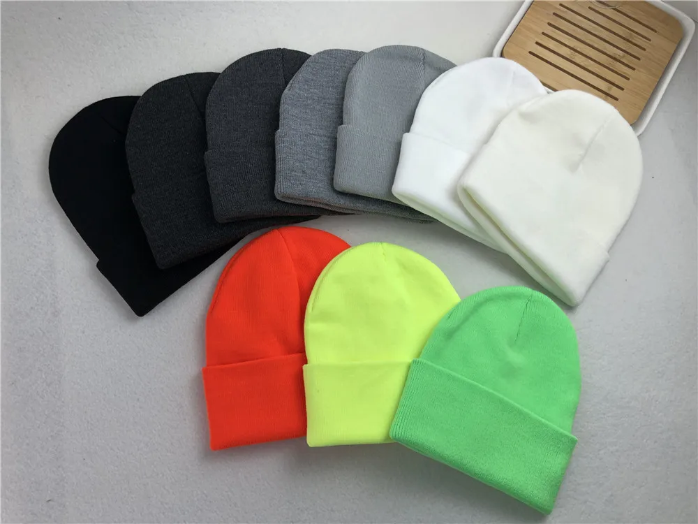 80g Women Men Thick Neon Yellow Solid Plain Knit Custom Embroidery Logo Beanie Running Sports Knitted Wide Brim Winter Hat