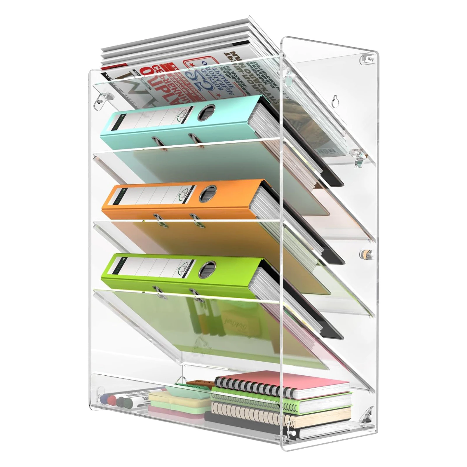 5 Tier Acrylic Wall Mounted File Holder Hanging File Folder Organizer Magazine Literature Rack with Bottom Flat Tray