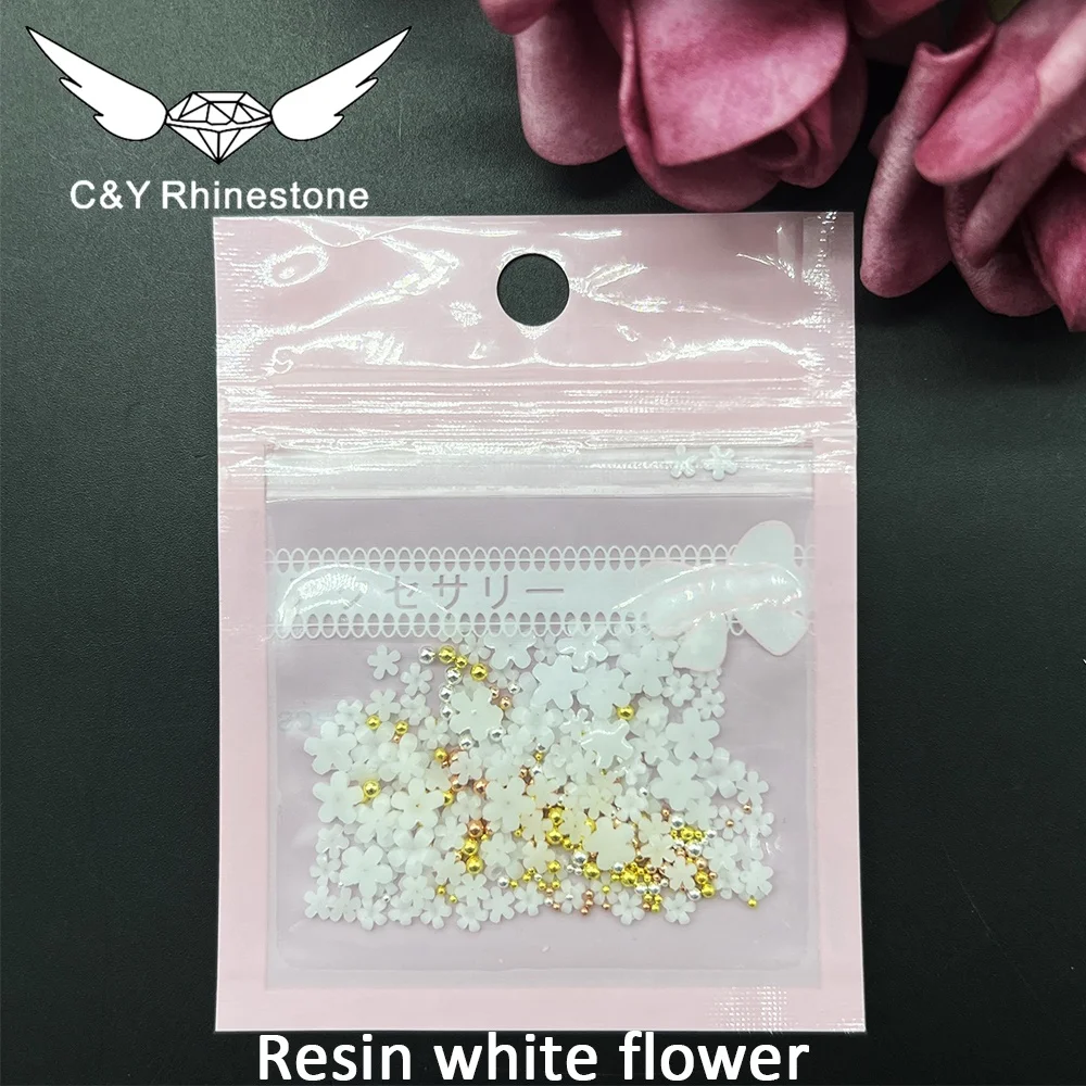 CY Mixed Color White Gold Beads Silver Gem Nail Supplier 3D Nail Art Resin Acrylic Flowers