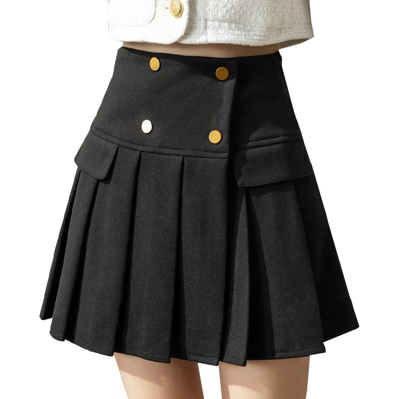 Japanese and Korean style Women Pleated Skirt Comfortable High Waist Button Design Slim A-Line Skirt
