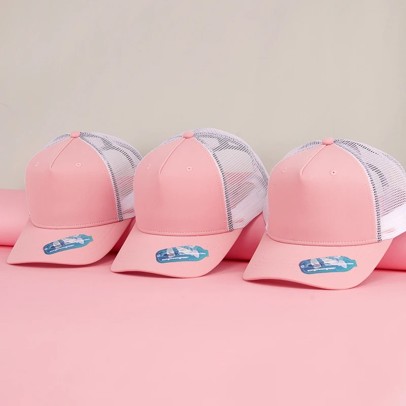 Breathable structured sustainable eco RPET fabric mesh cotton twill high crown 5 panel recycled trucker hat