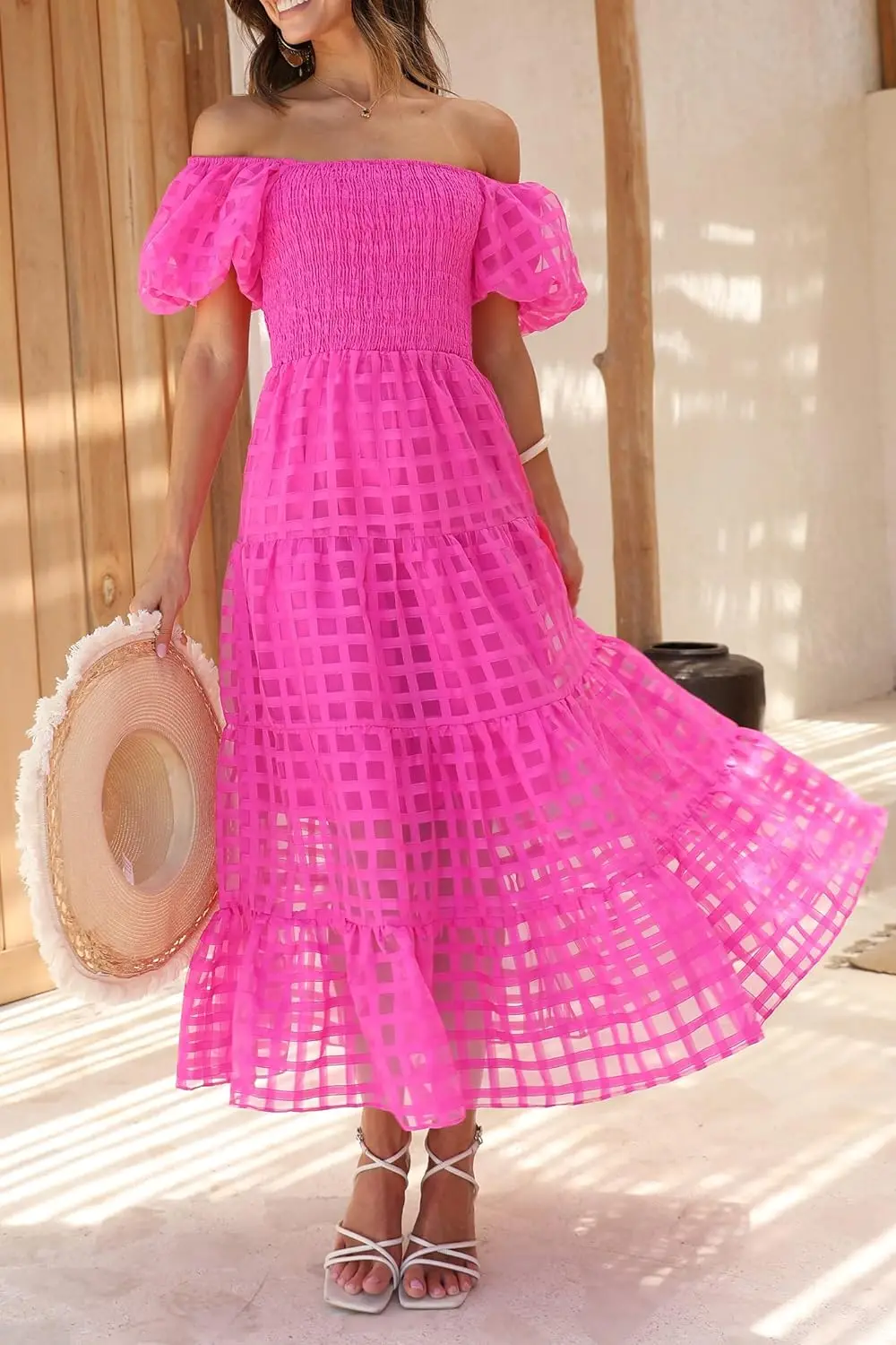 Women Off Shoulder Puffy Short Sleeve Square Neck Tiered Ruffle Midi Dress