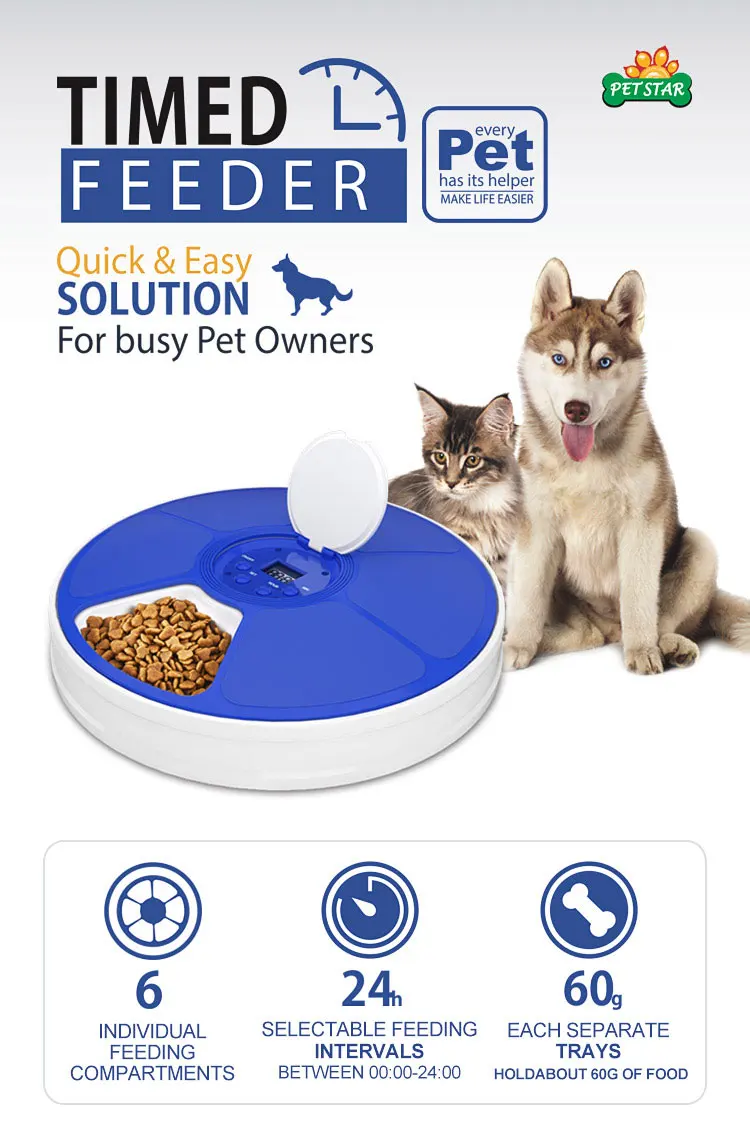 6 Meal Automatic Pet Feeder Food Dispenser with Digital Timer and Music Broadcast for Cats