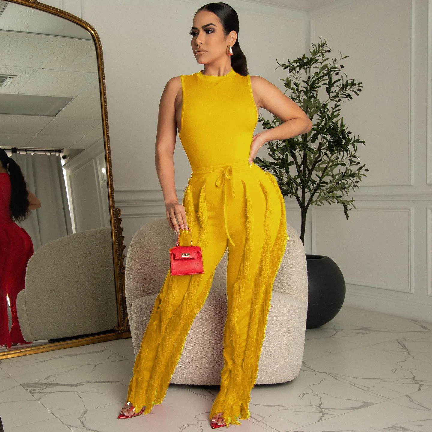 H3081 American clothing women vendors summer sexy trendy hot fashion ladies hot girls sleeveless tassels 2pcs set red outfits