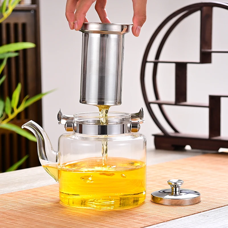 High temperature resistant large capacity clear glass flower teapot with removable filter borosilicate glass teapot