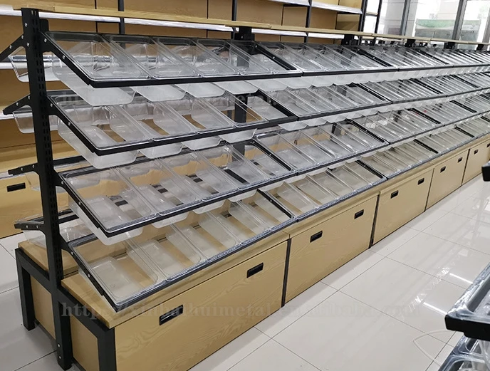 Bulk Supermarket Wooden Snack Candy Biscuit Fruit Shelf For Convenience Store