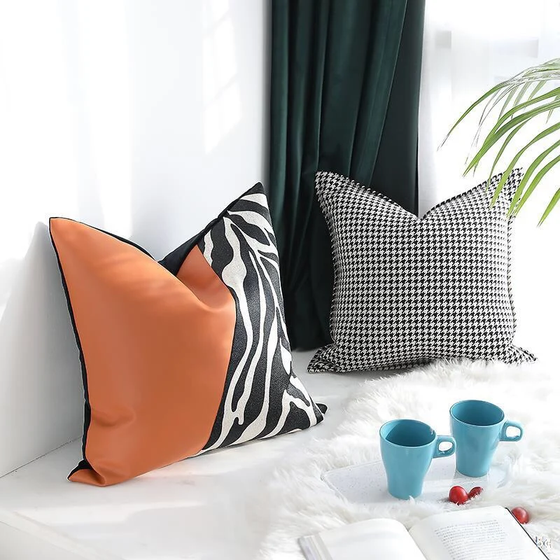 
Modern Faux Leather Pillow Cover Decorative Throw Pillow Cases Brown Leather Back Couch, Sofa, Bedroom Luxury Home Decor 