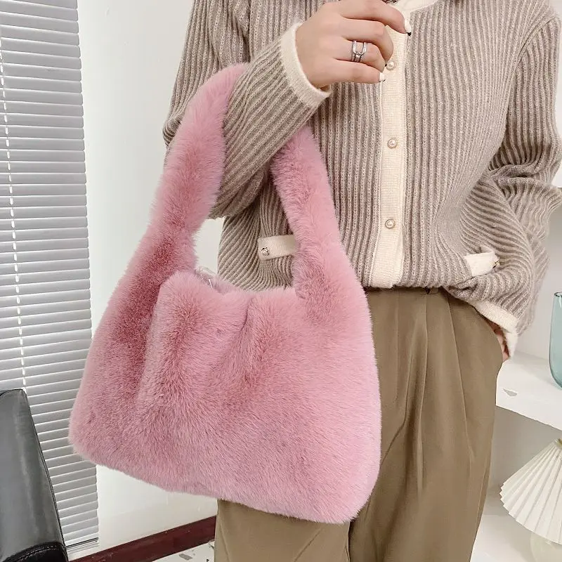 Winter New Products Women Fluffy Shoulder Bag Plush Faux Fur Soft WarmTote Handbag