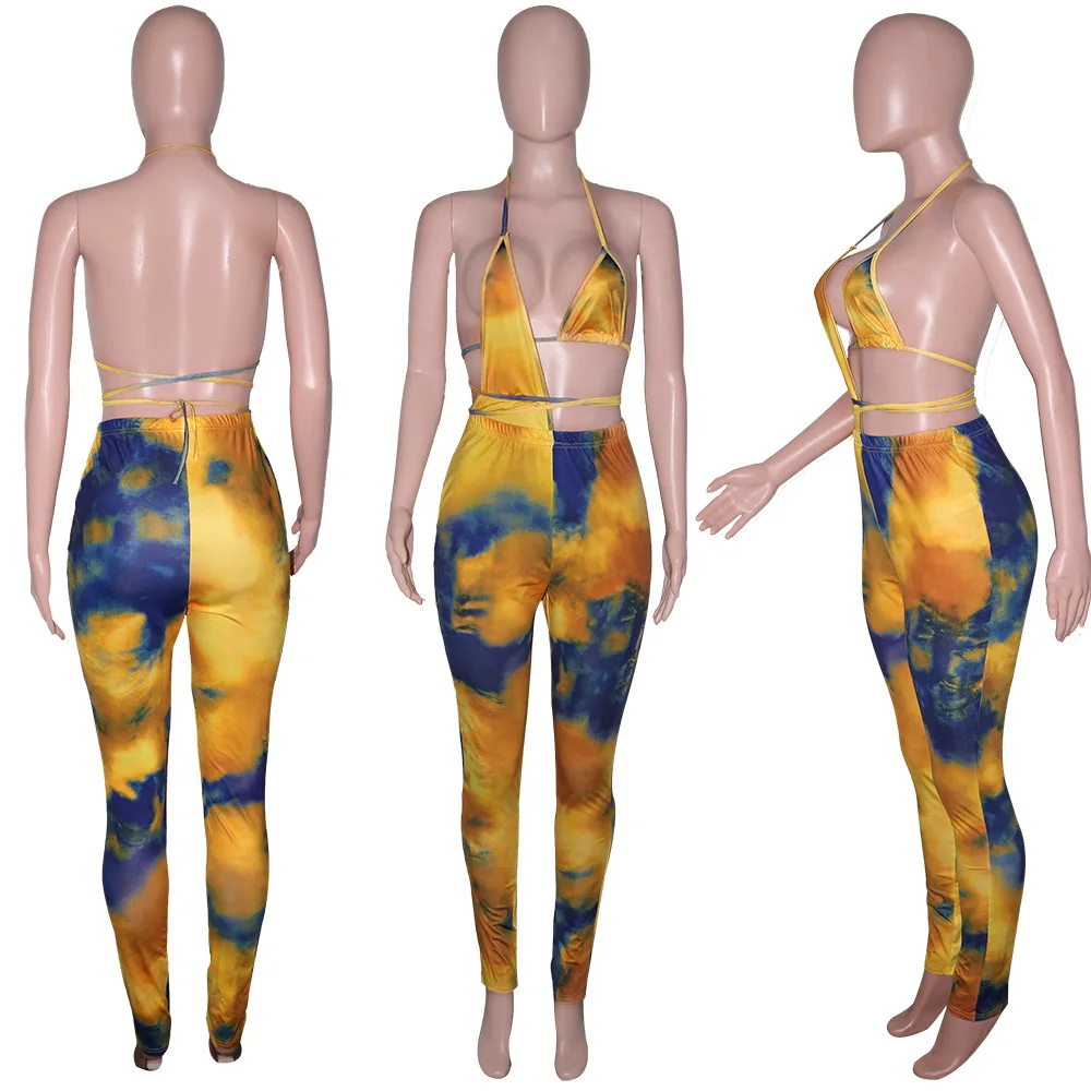 MD-2022051602    sexy bandage fashion sleeveless halter backless tie dye printed womans 2 piece set