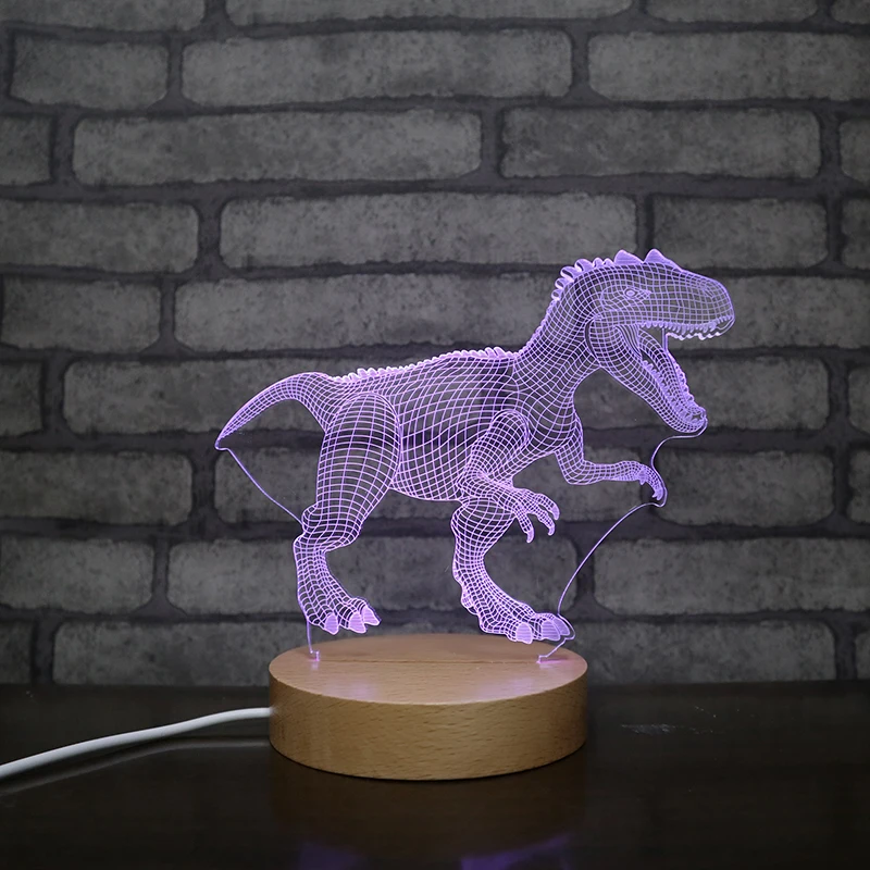Cute Dinosaur  LED round wooden base lamp acrylic light 7 colors changing Animal Night Lights for Kids