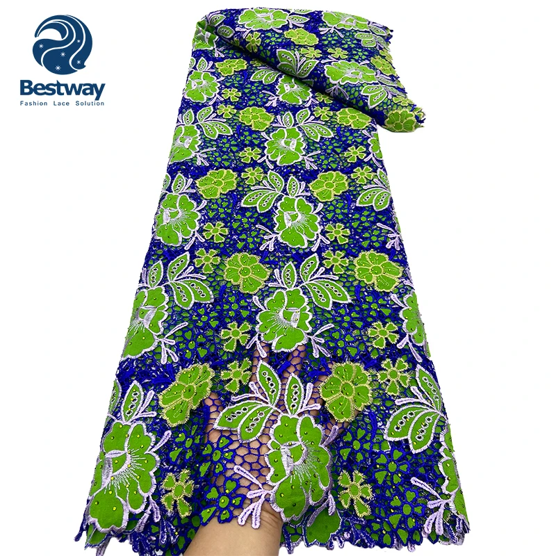 Bestway Yellow Guipure Cord Lace Fabric African Wedding Bridal Dress With Stones