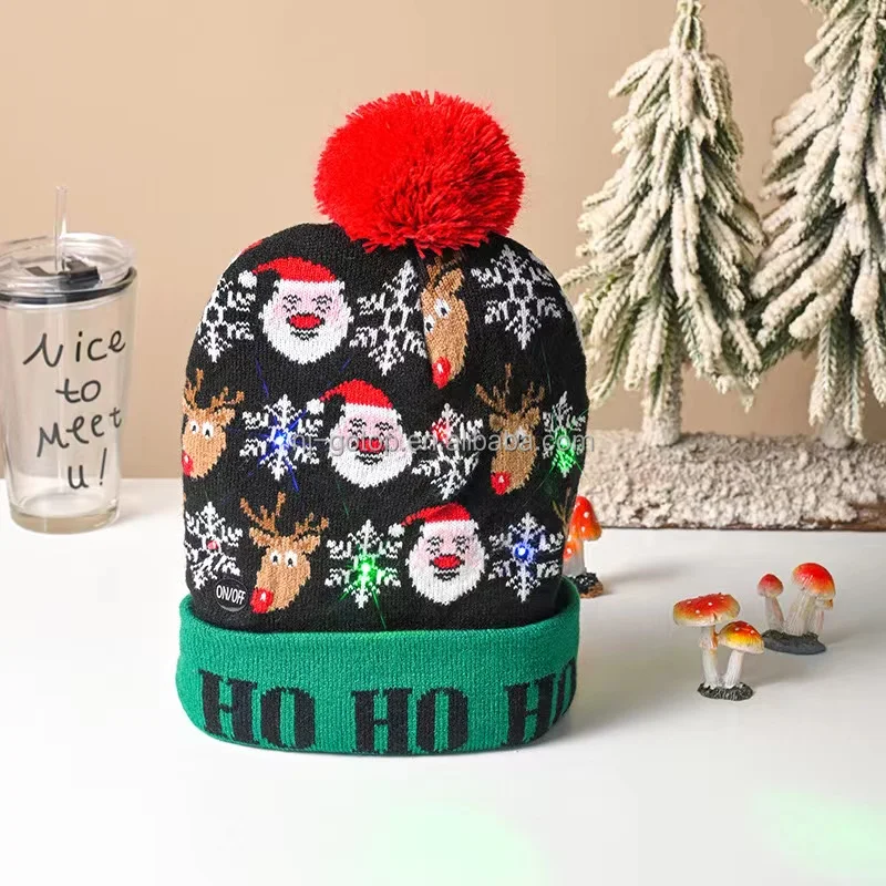 Custom Printed Red Knit Funny Santa Party Christmas Hat with 2025 LED Lights Unisex Holiday Beanie for Adults