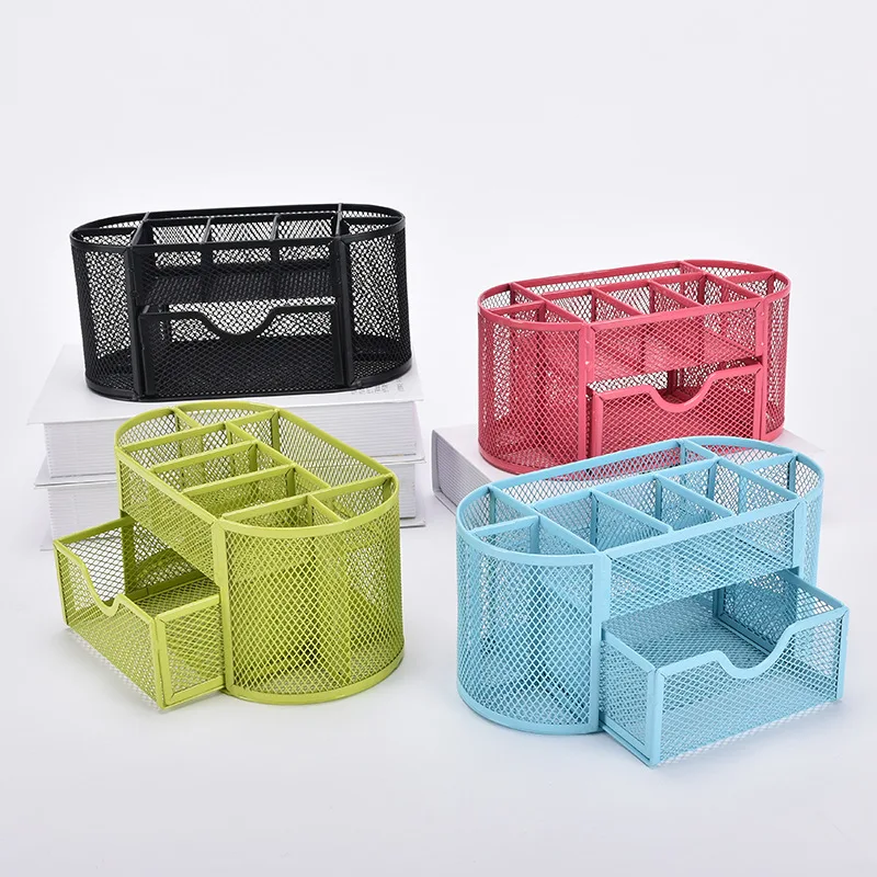 JTX282 Multifunctional Letter Tray Organizer Pencil Holder Office Metal Mesh Desk Organiser With Sliding Drawer Pen Holders