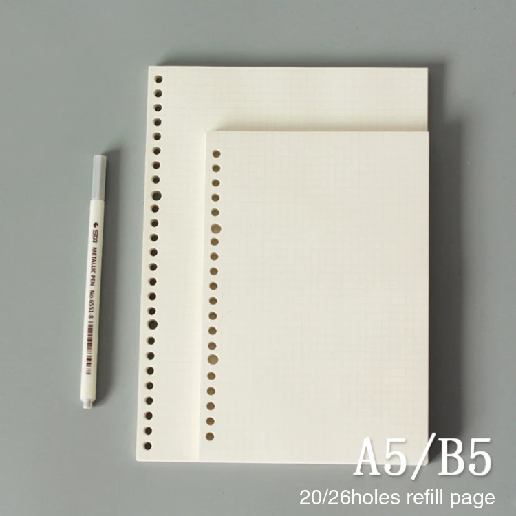 20 holes / 26 holes refill pages , 100gsm woodfree paper insert pages .A4 /B5 inside pages