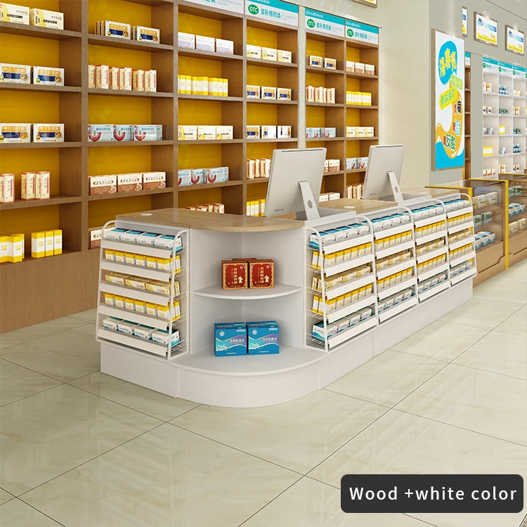 Movable Store Checkout Counter with Cigarette Glass Display Cabinet for Stores, Shops, Pharmacy