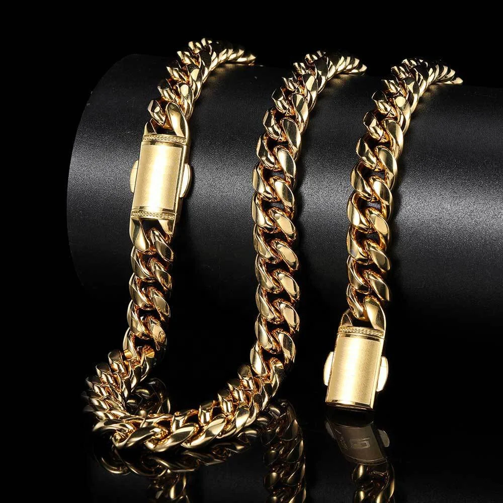 wholesale women 12mm fashion link chain hiphop bracelet mens 18k gold plated non tarnish stainless steel miami cuban bracelet