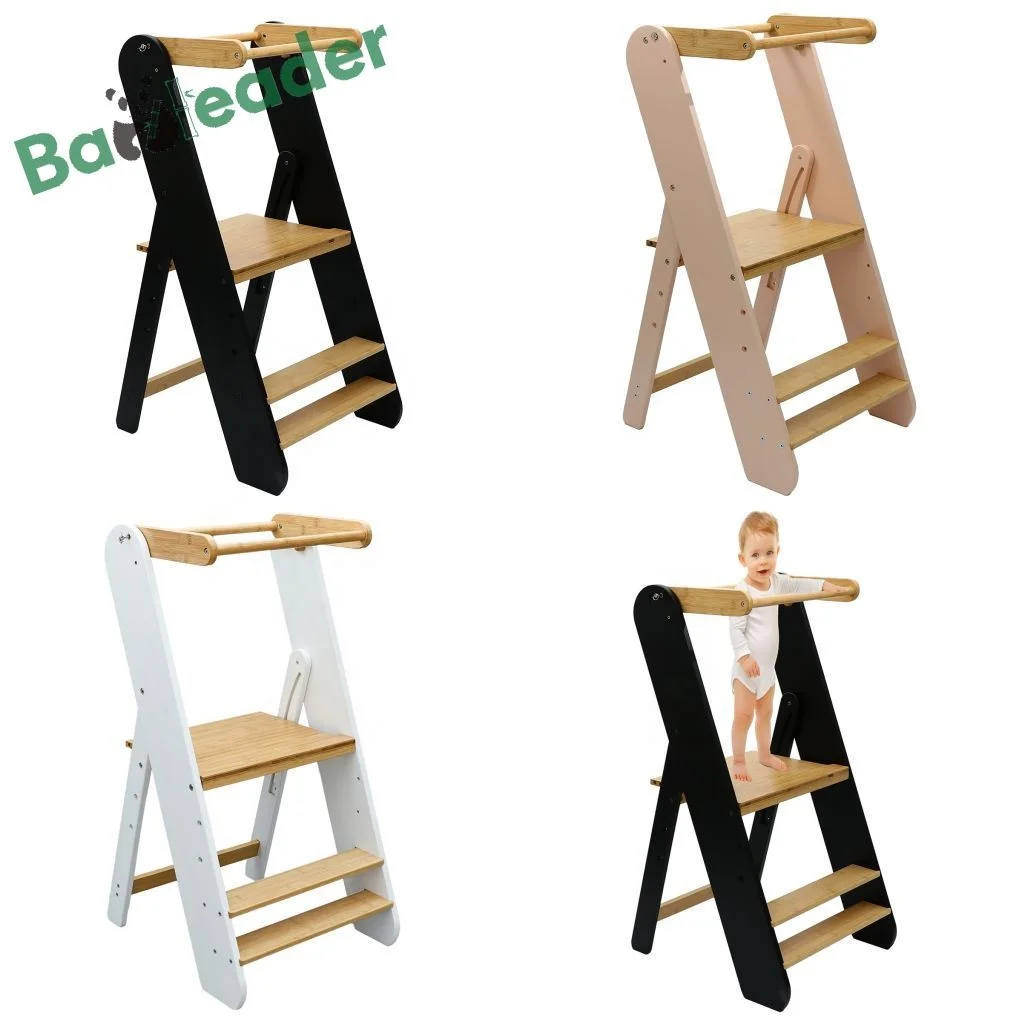 OEM Collapsable Bamboo Wood Child Step Stool Bamboo Montessori Toddler Learning Tower Adjustable Kitchen Bamboo Kids Step Stool