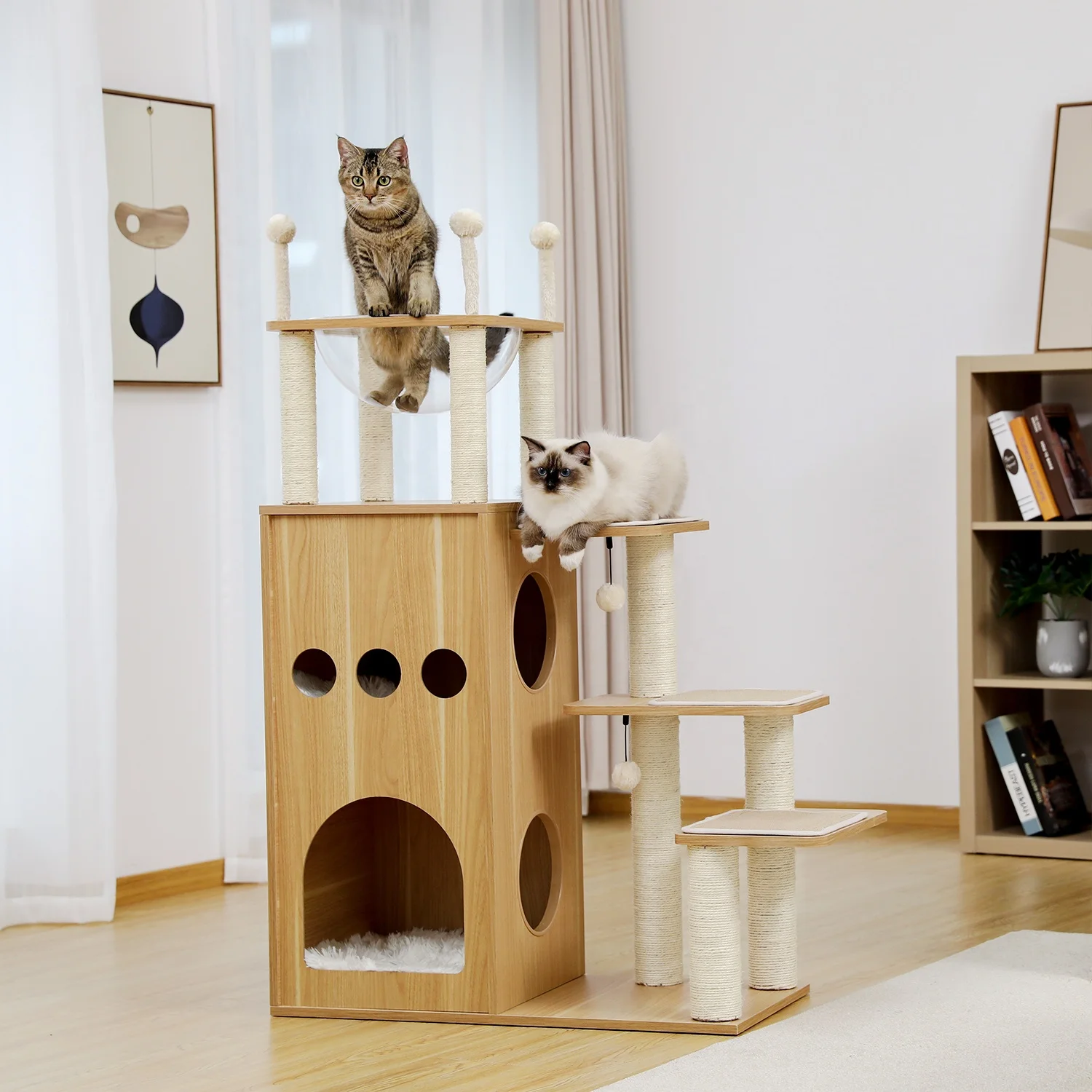 Multi-Level Luxury Cat Tree Wooden Cat Tower Sky Castle Cat Scratching Tree With Deluxe Condos