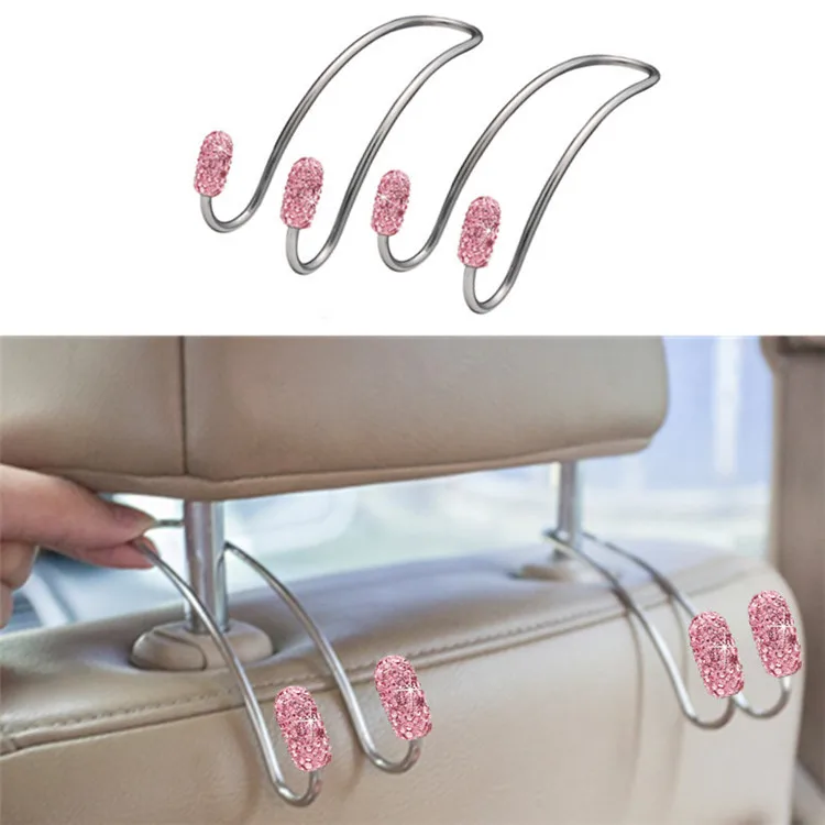 Multifunctional Stainless Steel Universal Bling Car Back Seat Hanger Rhinestone Hook For Interior Headrest Organizer