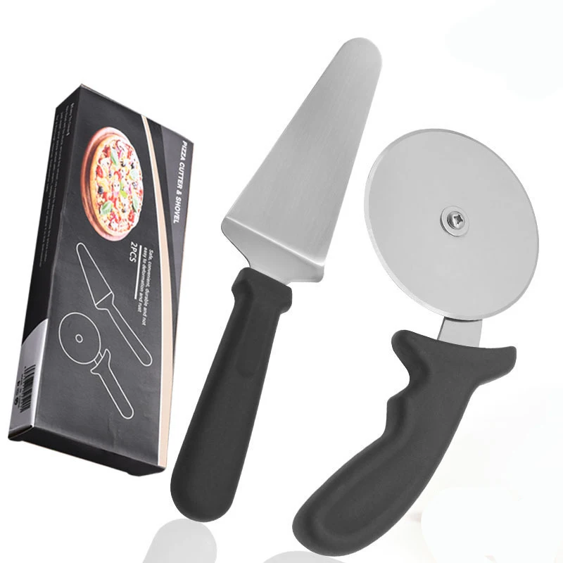 2Pcs/set Triangle Pizza Peel Pizza Cutter Wheel Stainless Steel Black Handle Pizza Tools Kit