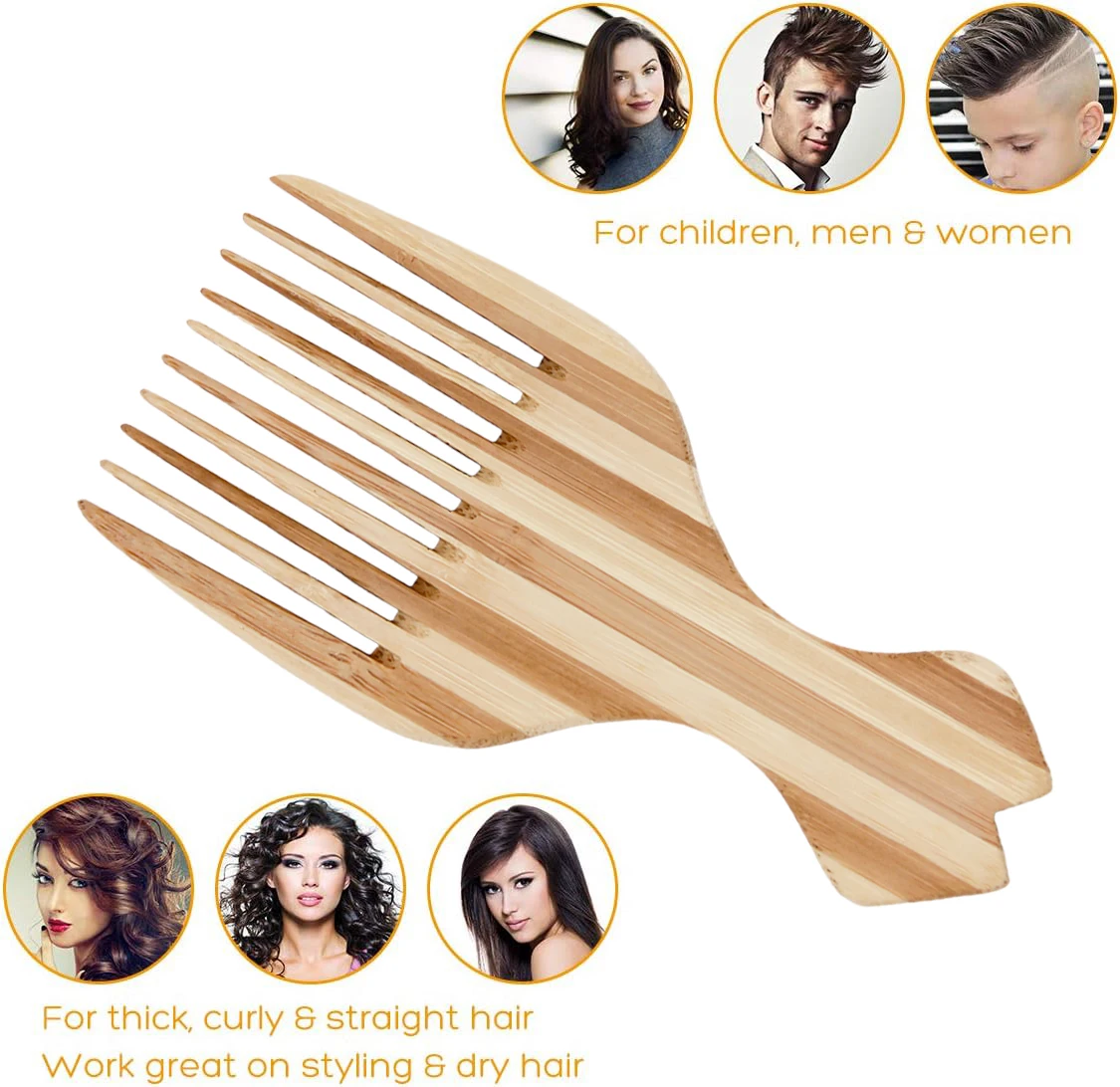 2024 New Design Factory Cheap Price Bamboo Wood Wide-tooth Afro Hair Comb for Hair Detangling Extension Hair Brush