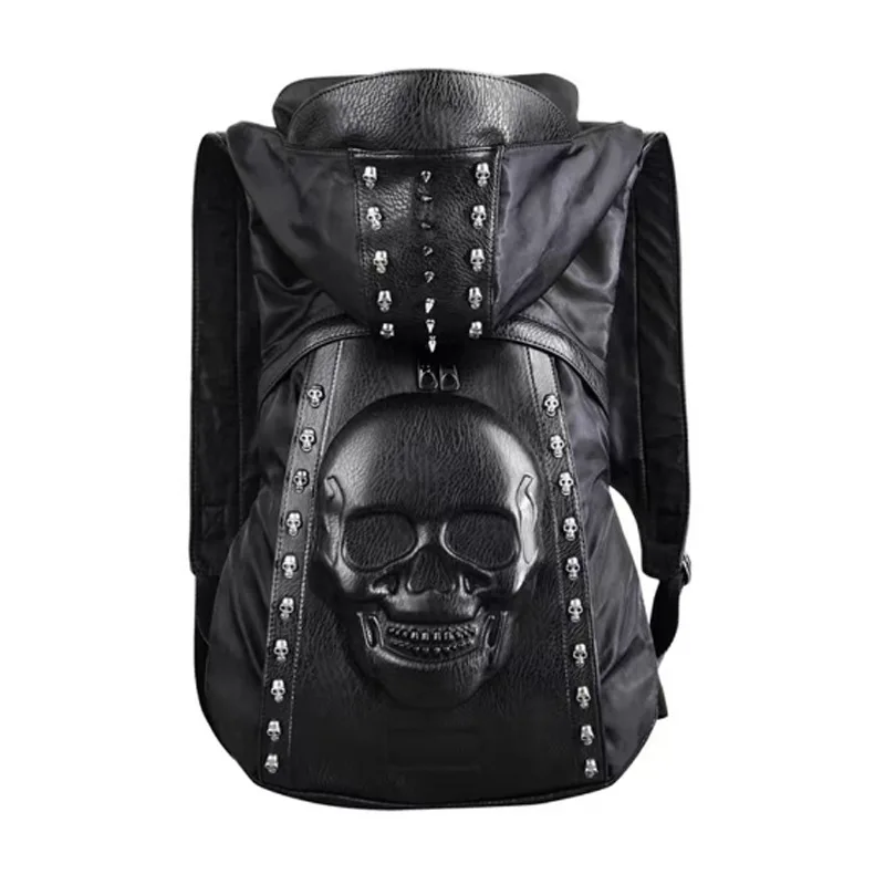 New 2023  Fashion Personality 3D skull leather backpack rivets skull backpack with Hood cap apparel bag cross bags hiphop man