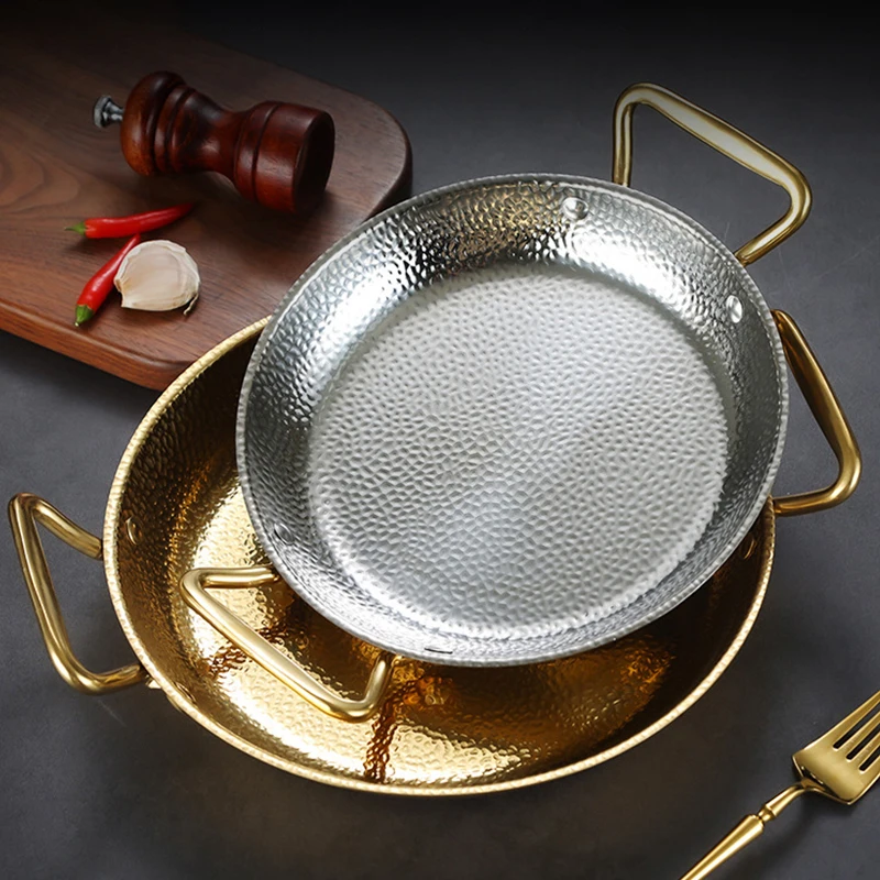 Gold Stainless Steel Restaurant Serving Plate Saute Pan Deep Frying Seafood Pan Paella Cooking Ramen Pot