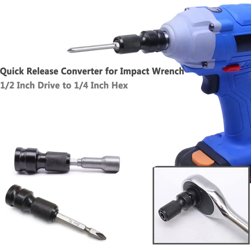 Quick Release 1/2-Inch Square Drive to 1/4-Inch Hex Female Socket Adapter Converter Chuck for Impact and Ratchet Wrenches