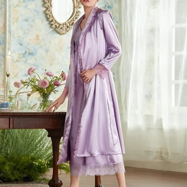 long sleeve satin robe custom design long silk nightgown robe