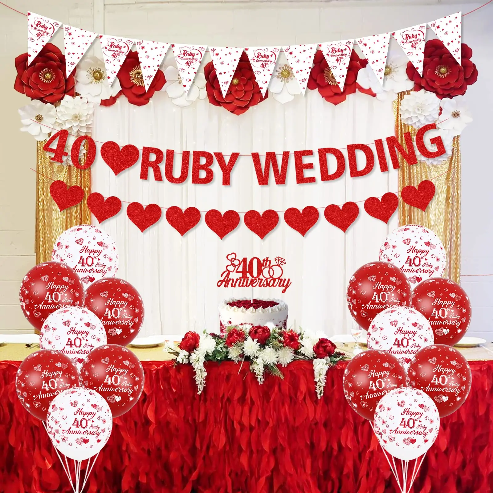Ruby 40th Anniversary Balloons Bunting Red Heart Rings Cake Topper Satin Sash for 40th Couple Anniversary Party Supplies