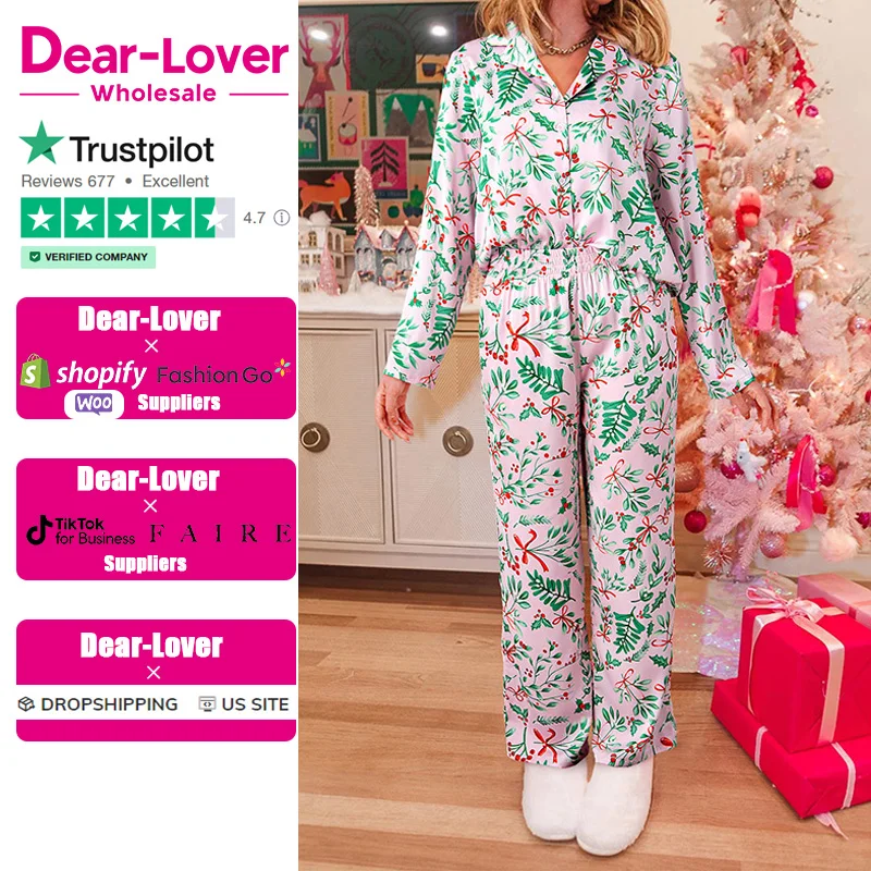 Dear-Lover Loungewear Christmas Berries Plant Print Long Sleeve Shirt And Shorts Satin Pajamas For Women Set