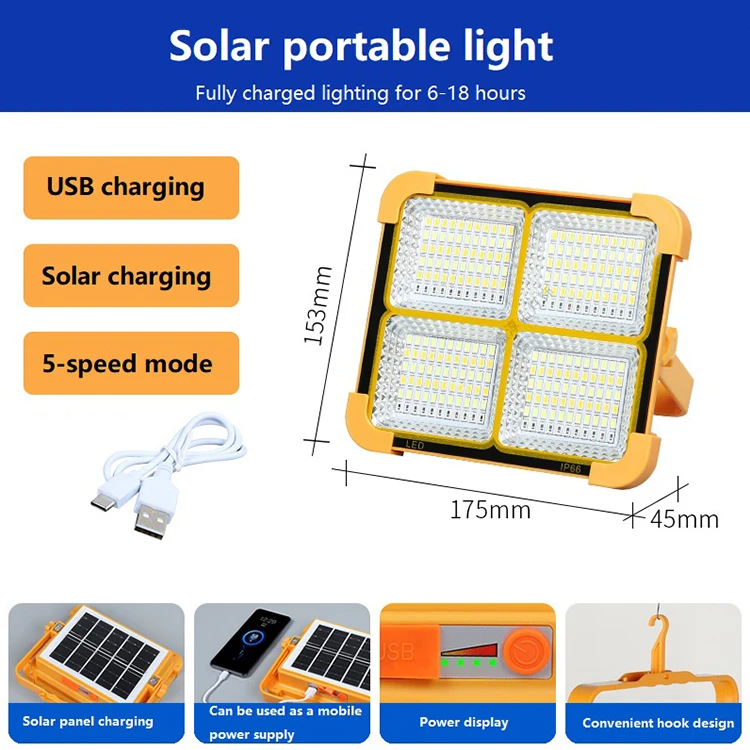 Hot Sale ABS IP67 Outdoor Mobile Power USB Output Charging 100 200 400 600 800 1000 watt Portable Solar Camping Flood Light