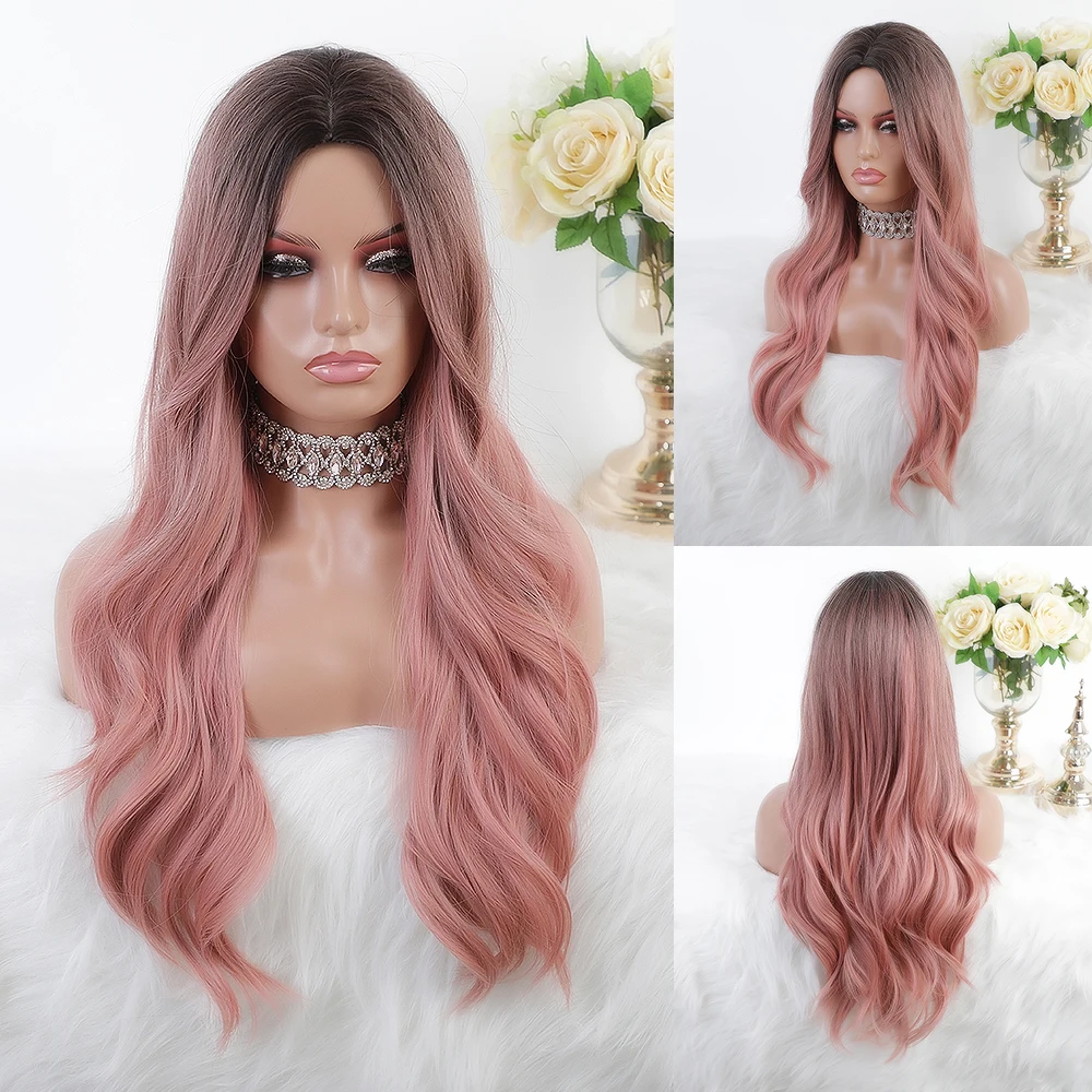 BVR Wholesale japanese fiber heat resistant Synthetic Wig Long ombre pink Body Wave Synthetic Hair Wigs for party