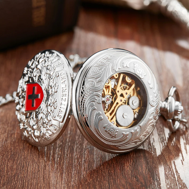 Unique Fashion Switzerland Red Cross Mechanical Pocket Watch With FOB Chain Silver Edelweiss Sculpture Hollow Skeleton Clock Men