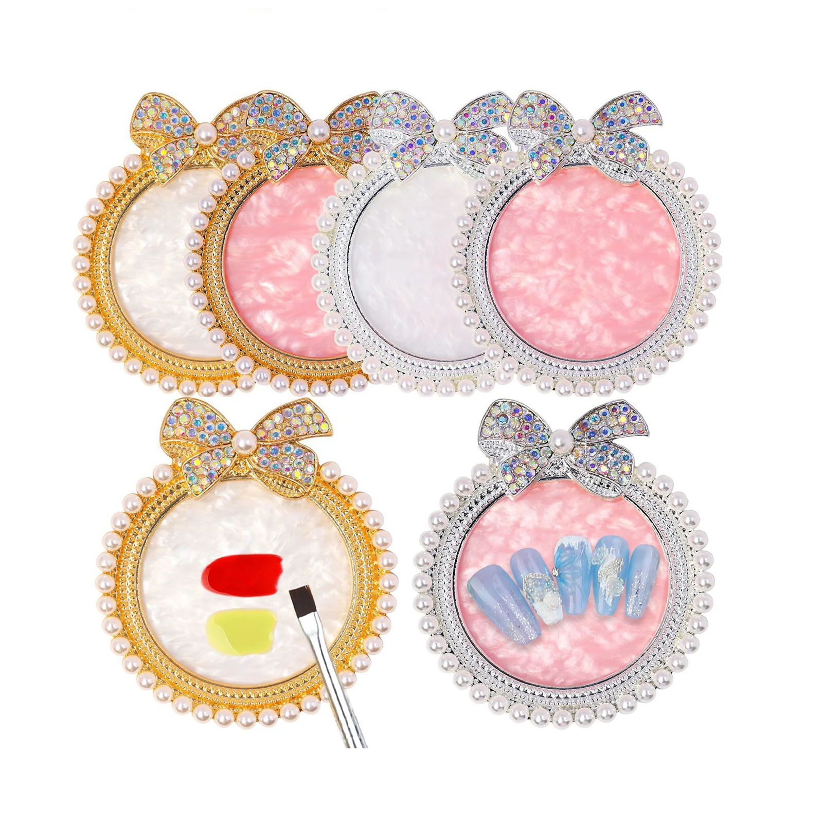 Japanese Gold Nail Art Paint Palette Resin Bow Pearl Diamond Ring Nail Palette For Nail Gel Color Makeup Display Board