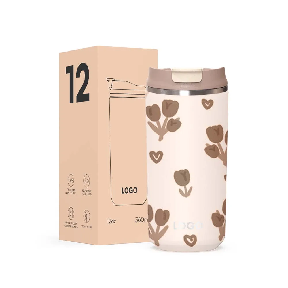 360ml Coffee Tumbler With Full Printed Tulip Design Stainless Steel 304 Insulated Tumbler With Lid For Back To School